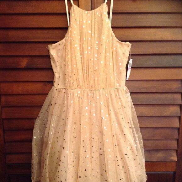 City Studio Fit And Flare Mini Dress Sheer Spaghetti Strap Gold Stars Size 11 - Picture 5 of 13